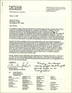 Correspondence approving the Orbis Pictus Award (1989) - From Charles Suhor to Evelyn Freeman