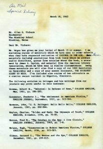Letter from Enid Olson to Allen G Vickers responding about catcher in the rye, March 18,1963 - page 1