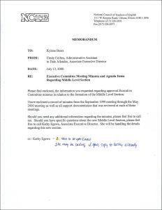 Memo from Kathy Egawa to Kylene Beers about Executive committee meeting minutes and agenda items regarding middle level section, July 13, 2000