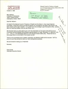 Letter from Karen Smith to Mary McGann nominating McGann for Edwin A Hoey award, october 1998