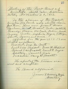 NCTE Ledger book, record of meeting of new board of directors in 1912