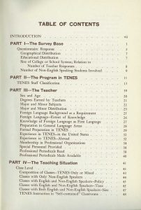 Tenes: A Survey of the Teaching of English to Non-English Speakers in the United States (1966) - table of contents for book