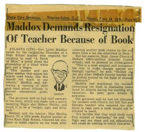 “Maddox Demands Resignation of Teacher Because of Book,” Twin City Sentinel (June 14, 1968)