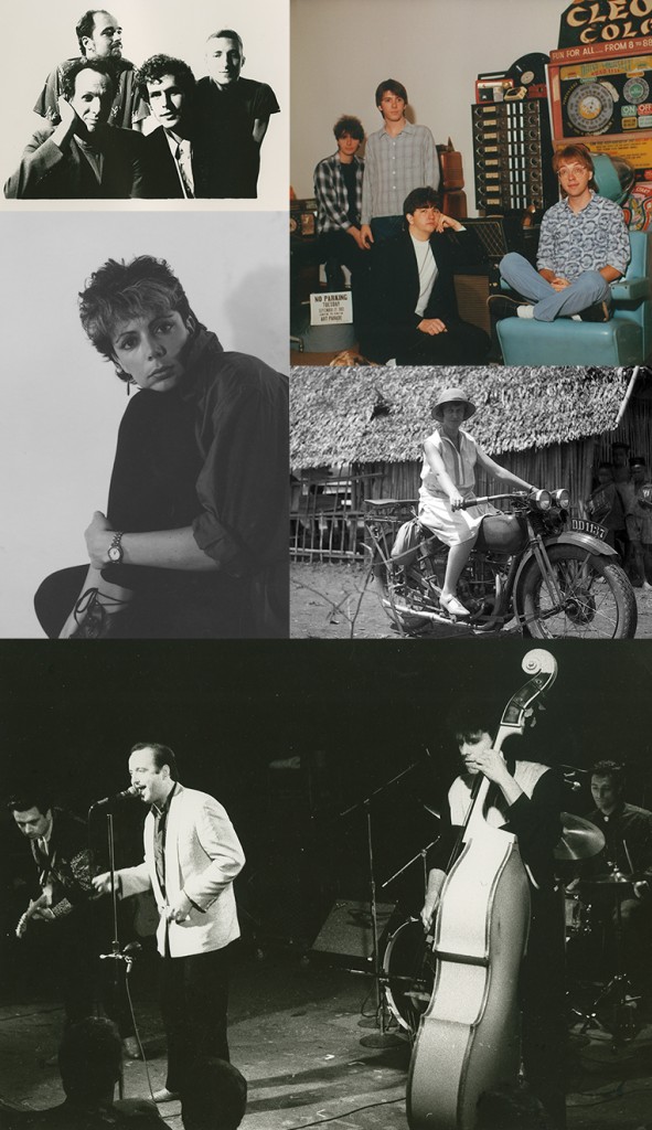 The Bears (front row: Adrian Belew and Rob Fetters; back row: Bob Nyswonger and Chris Arduser), ca. 1980 [top left], Turning Curious at Pogo Studio (Nick Rudd, Jeff Evans, Steve Scariano, and Berni Proeschl), ca. 1983-85 [top right], Della Perrone self-portrait, ca. 1983-84 [center left], Perrone Family photograph, ca. 1945 [center right), and Fabulous Thunderbirds performing at Mabel's, ca. 1980 (guitar: Jimmie Vaughan, vocals/harmonica: Kim Wilson, drums: Fran Christina, and bass: Preston Hubbard)[bottom]