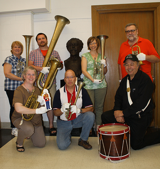 10th Illinois Volunteer Cavalry Band and Music Friends (front row left to right: Maureen Reagan, Flat Sousa, Gary Gardner, Ted Zelinski and back row left to right: Dawn Henry, James McCauley, Carl Busch as Uncle Carl, Gillian Bauer, and Rich Stuemke).