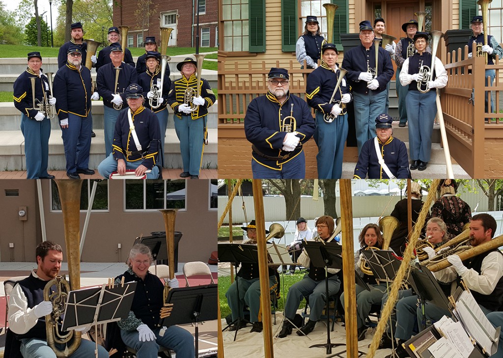 10th Illinois Volunteer Cavalry Regiment Band at Benedictine University, Springfield, IL (top left) and on the steps of the Lincoln home (top right) . Pictured top left front row: Ted Zelinski, second row: Gary Gardner, Rich Stuemke, Rich Kriegsman, Gillian Bauer, Dawn Henry, third row: James McCauley, Maureen Reagan, Elizabeth Jones.