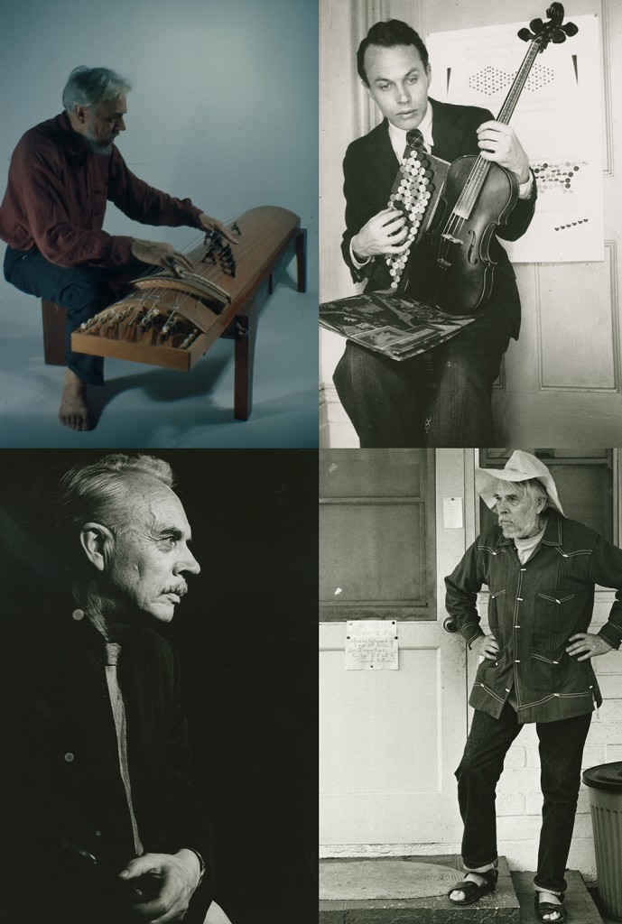 Harry Partch seated at the Koto, c. 1966 (top left) and with his Monophone, c. 1933 (top right).  Portrait of Harry Partch at an unidentified location, c. 1960 (bottom left) and Partch standing at his front door in Encinitas, California, 1972 (bottom right)