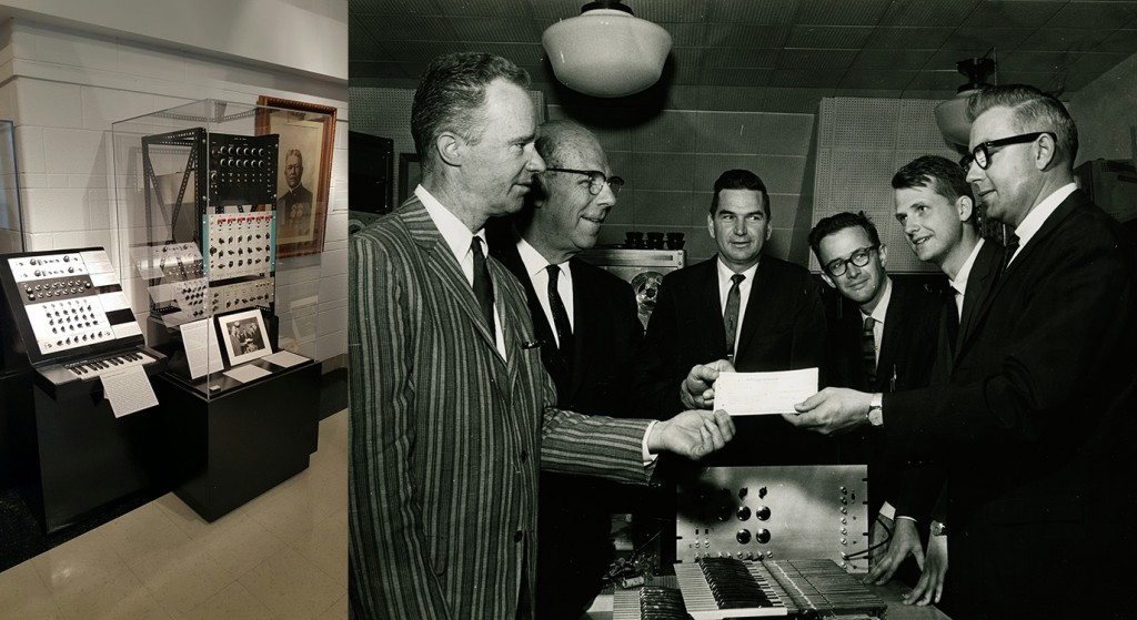 School of Music Director Duane Branigan, College of Engineering Dean William Everitt, Unidentified individual, Lejaren Hiller, Jr., and James Beauchamp accepts sponsorship check from Magnavox Executive, 1963. (left to right)