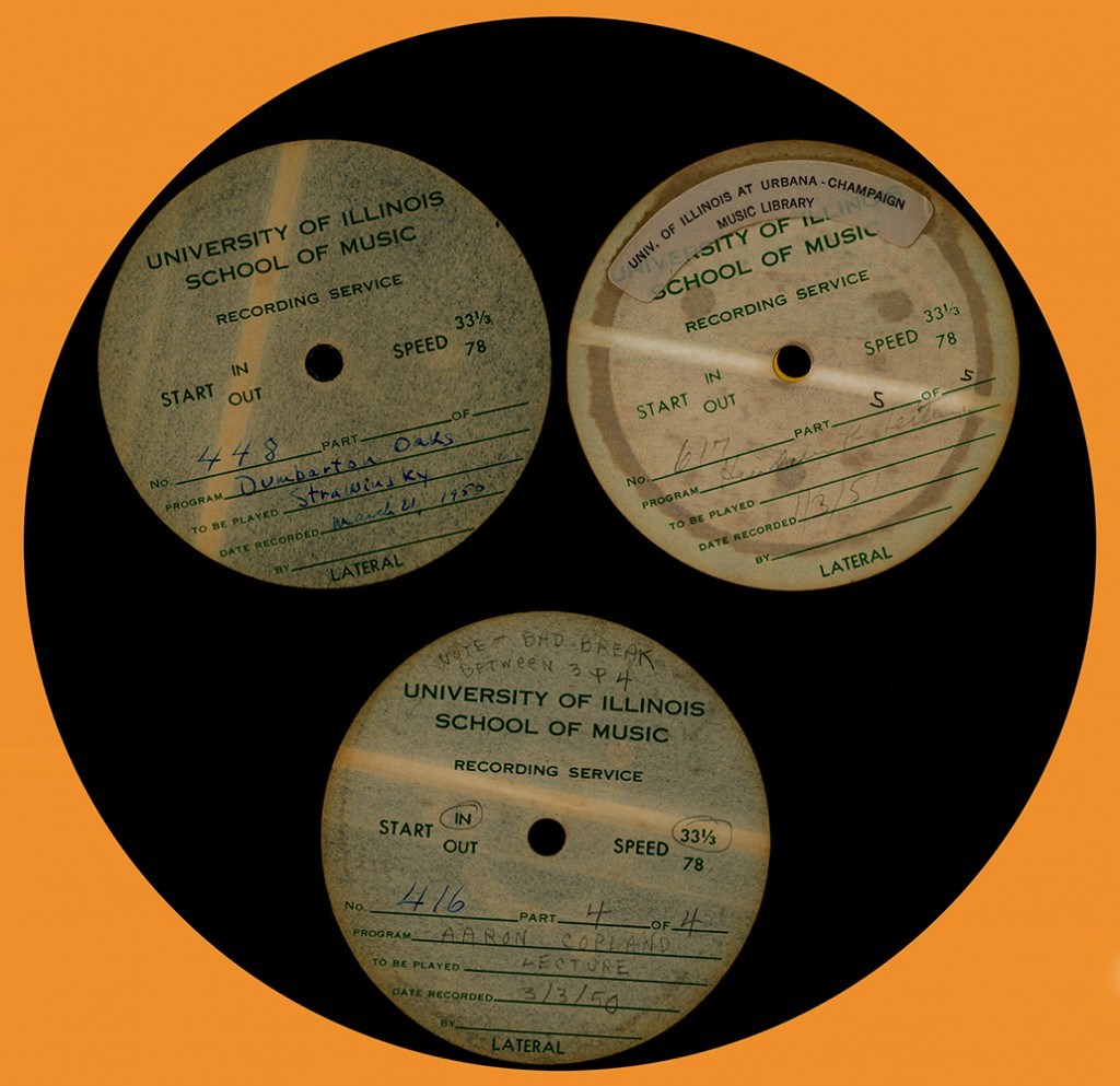 School of Music Audio Department Transcription discs of recordings of Aaron Copland, Igor Stravinsky, and Paul Hindemith, 1950-1951.