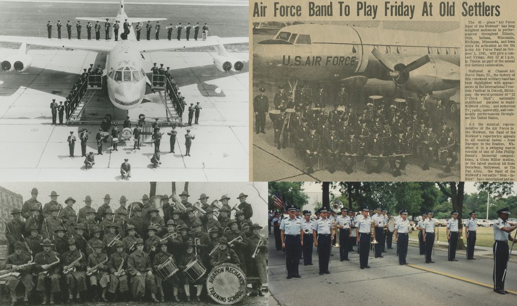 505th Air Force Band of the Midwest standing on a Boeing B-52D bomber, ca. 1960s (top left), 505th Concert Band sitting in front of a Douglas DC-3 October, 1941 (top right), Chanute Field band, ca. 1918 (bottom left), and 505th Air Force Band marching, 1991.