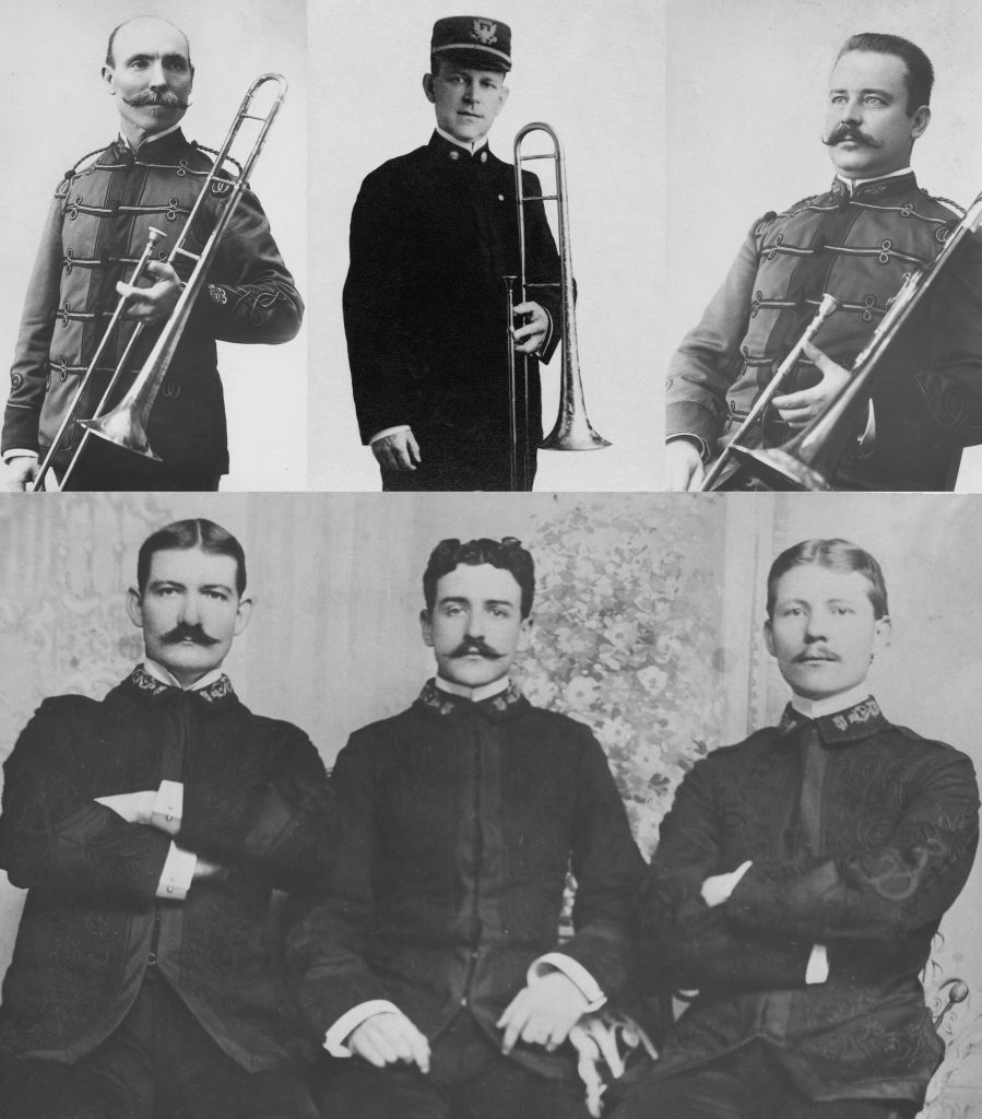 Marcus Lyons (top left), Manuel Yingling (top center), Edward A. Williams (top right), and two unidentified Sousa Band members with Arthur Pryor (bottom right)