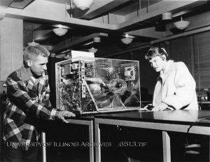 Photo of visitors at an Engineering Open House exhibit, ca. 1959. Found in Record Series 11/1/12.