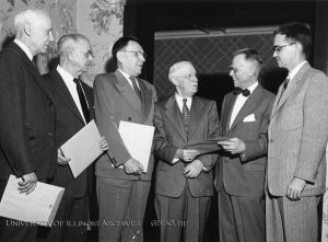 Photo of Thomas Clark Shedd (second from right), ca. 1955. Found in Record Series 39/2/20.
