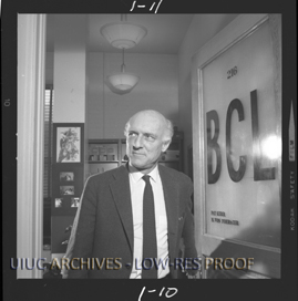 Heinz von Foerster exits the Biological Computer Laboratory office in the Electrical Engineering Research Laboratory at the University of Illinois, found in record series 39/1/11, box 94.