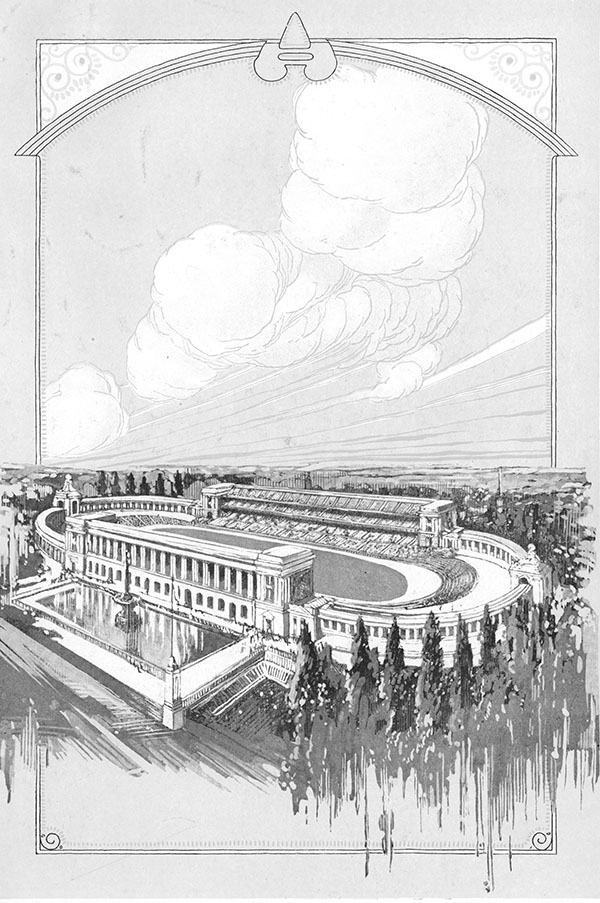 1923 Illio Drawing of a Finished Memorial Stadium Prototype with Large Clouds
