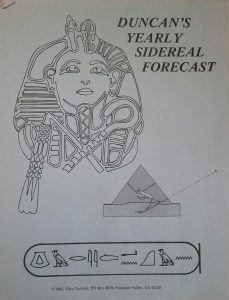 Duncan's Yearly Sidereal Forecast cover, featuring the mask of King Tut, a pyramid diagram, and hieroglyphics