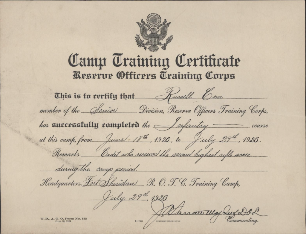 Camp Training Certificate, 1926, From Russell A. Cone Papers, Record Series 26/20/329, University of Illinois Archives