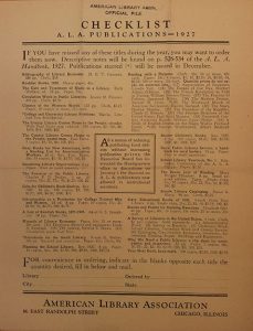 A flier of ALA Publications, 1927, in Record Series 13/2/2, Box 1.