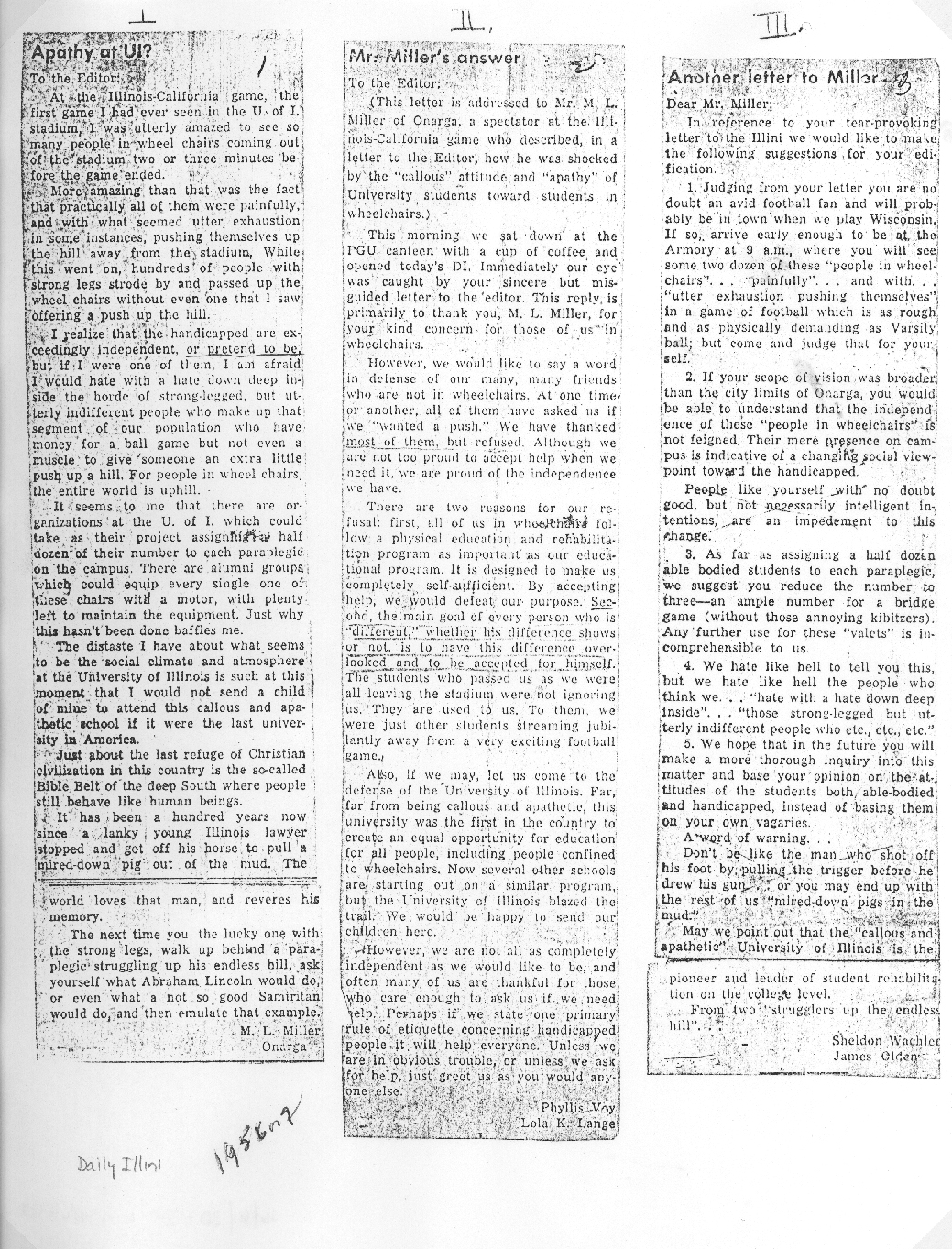 Daily Illini letters, 1956