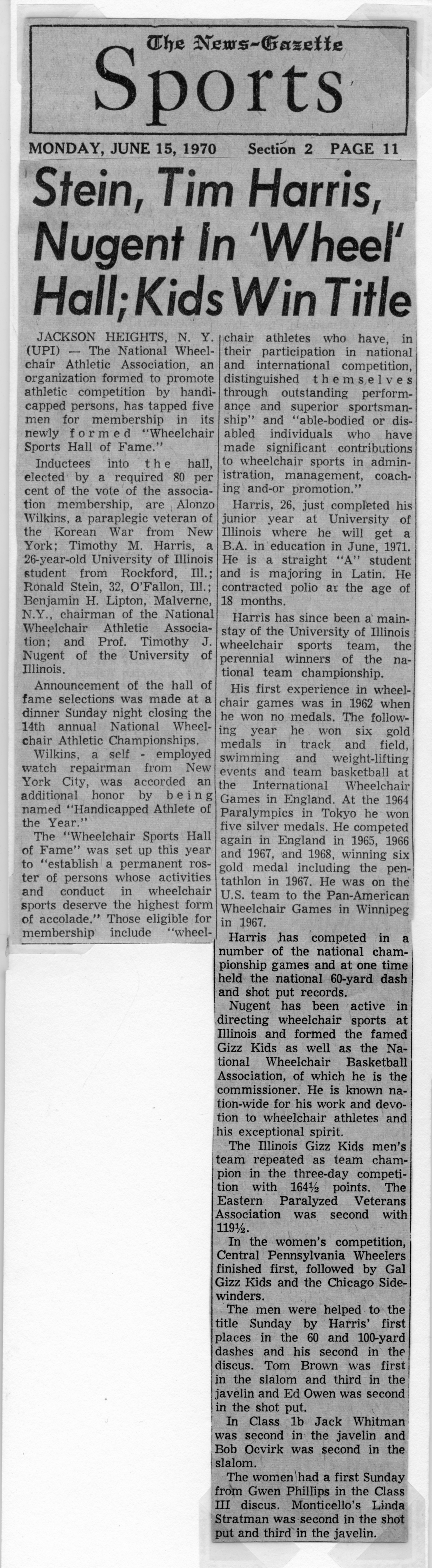 Wheelchair Sports Hall of Fame Inductees, <i>News Gazette</i> Clipping, June 15, 1970</a>
    <p class=