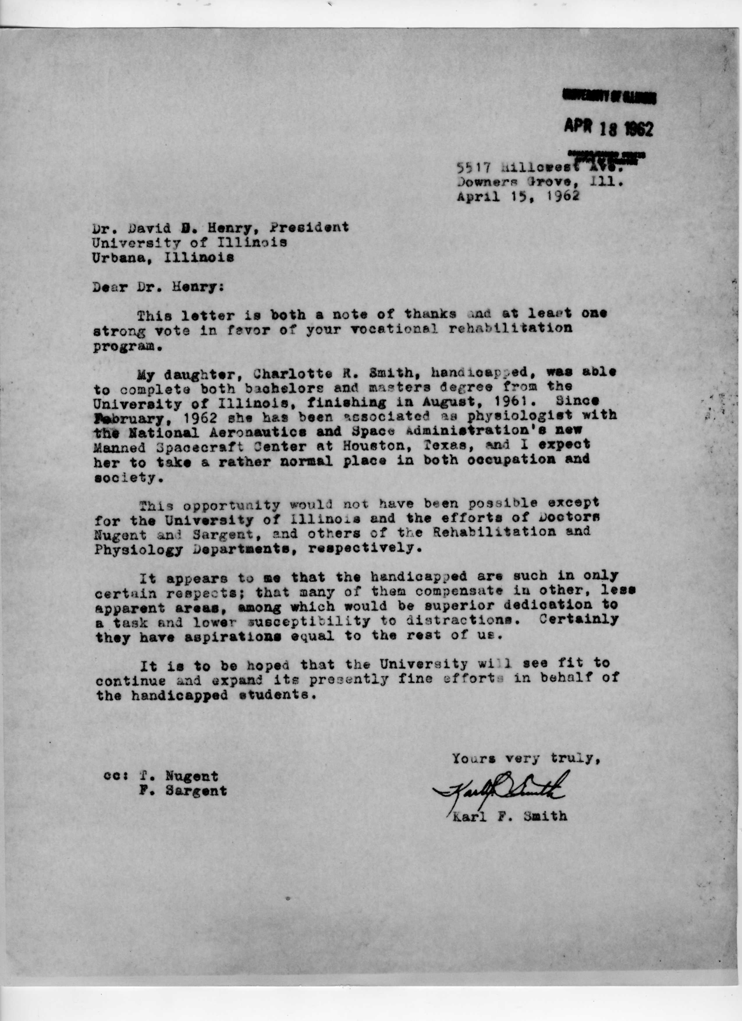 Karl F. Smith Correspondence, April 15, 1962