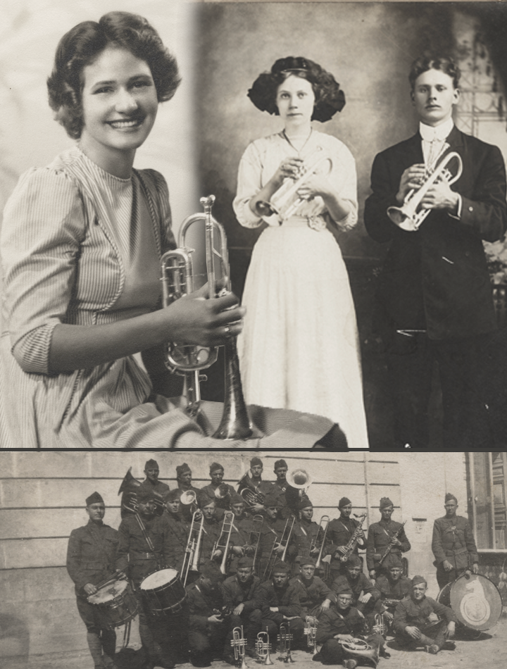 Old black and white photos showing Barbara Blaford, Aunt Helen, and Uncle Elbert, all holding cornets, with a photo of Elbert's WWI band below.