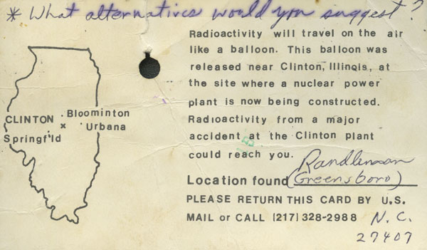 Completed and returned balloon card released at the Clinton nuclear power plant, April 1, 1978.