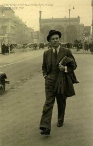 Photograph of Heinz Von Foerster (1911-2002) walking the streets of Munich, Germany, ca. 1940, found in record series 11/6/26, box 116.
